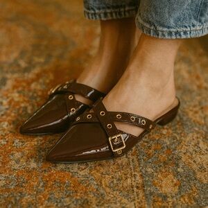 Trary Maroon Backless Buckle Rickets Pointed Toe Mules Flats Shoes Size 6
